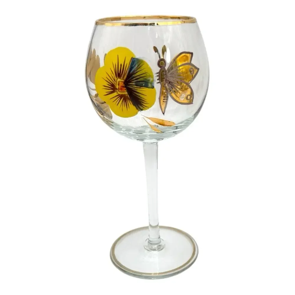 Vtg Romanian Hand Painted Crystal Floral Decanter & 5 Stemmed Glasses Yellow EUC